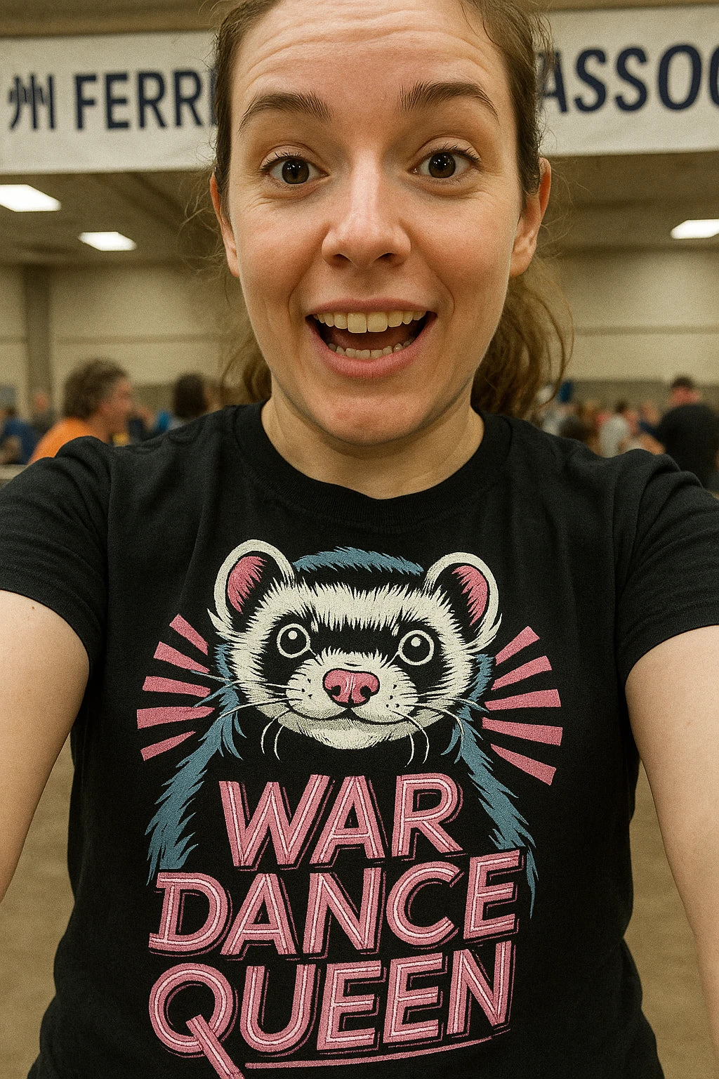 "War Dance Queen" black ferret t shirt, photographed as ferret lover gift