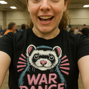 "War Dance Queen" black ferret t shirt, photographed as ferret lover gift