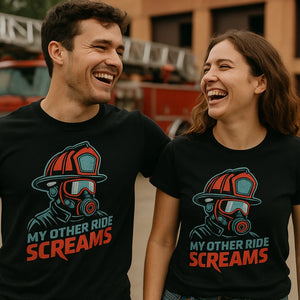 Person wearing the black firefighter shirts graphic tee - "My Other Ride Screams" design