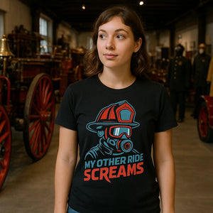 Lifestyle shot of the "My Other Ride Screams" black firefighter shirts in a real-world setting