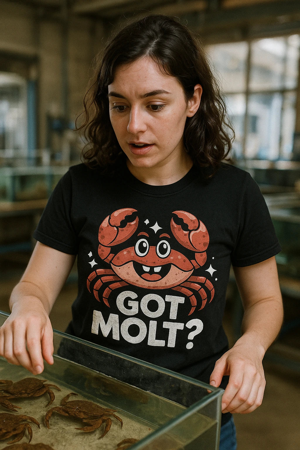 "Got Molt?" black crab t shirt, photographed as gifts for crab lovers