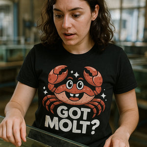 "Got Molt?" black crab t shirt, photographed as gifts for crab lovers