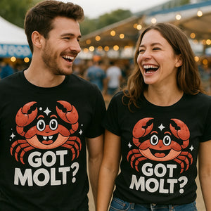 Person wearing the black crab t shirt graphic tee - "Got Molt?" design