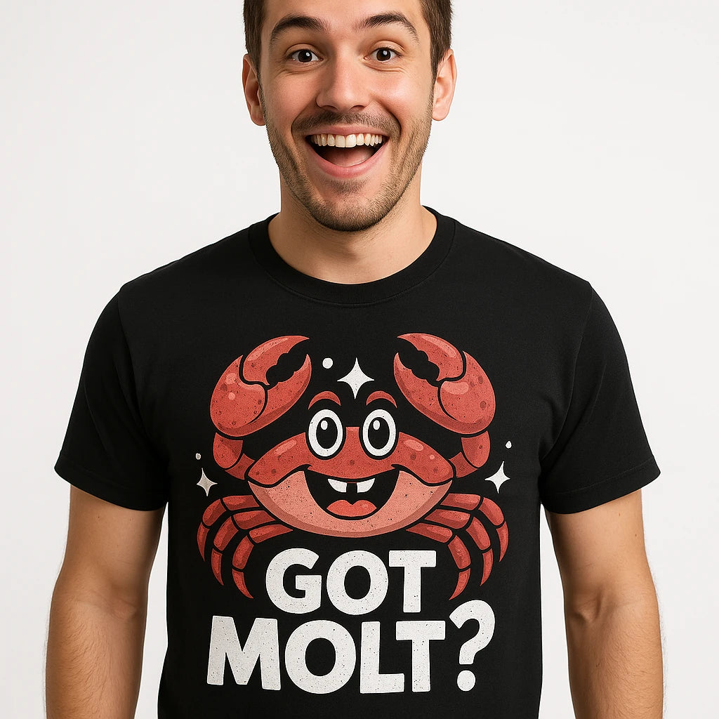 Close-up of the "Got Molt?" red print on a premium Bella+Canvas black crab t shirt