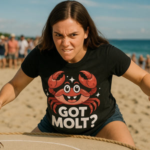Lifestyle shot of the "Got Molt?" black crab t shirt in a real-world setting