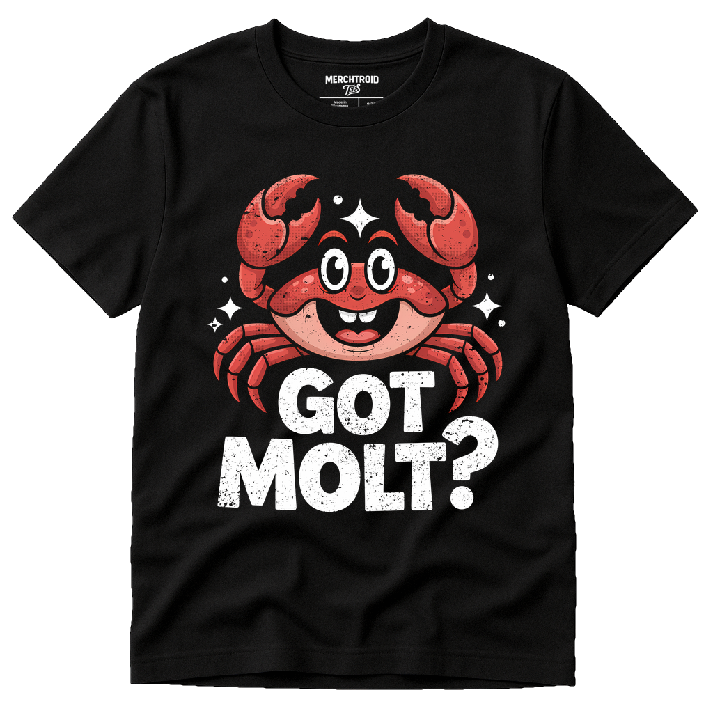 Black Crab T Shirt - "Got Molt?" graphic tee with red print, flat lay product photo