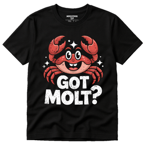 Black Crab T Shirt - "Got Molt?" graphic tee with red print, flat lay product photo
