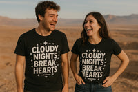 A man and a woman are standing side by side, both wearing black t-shirts with the text 