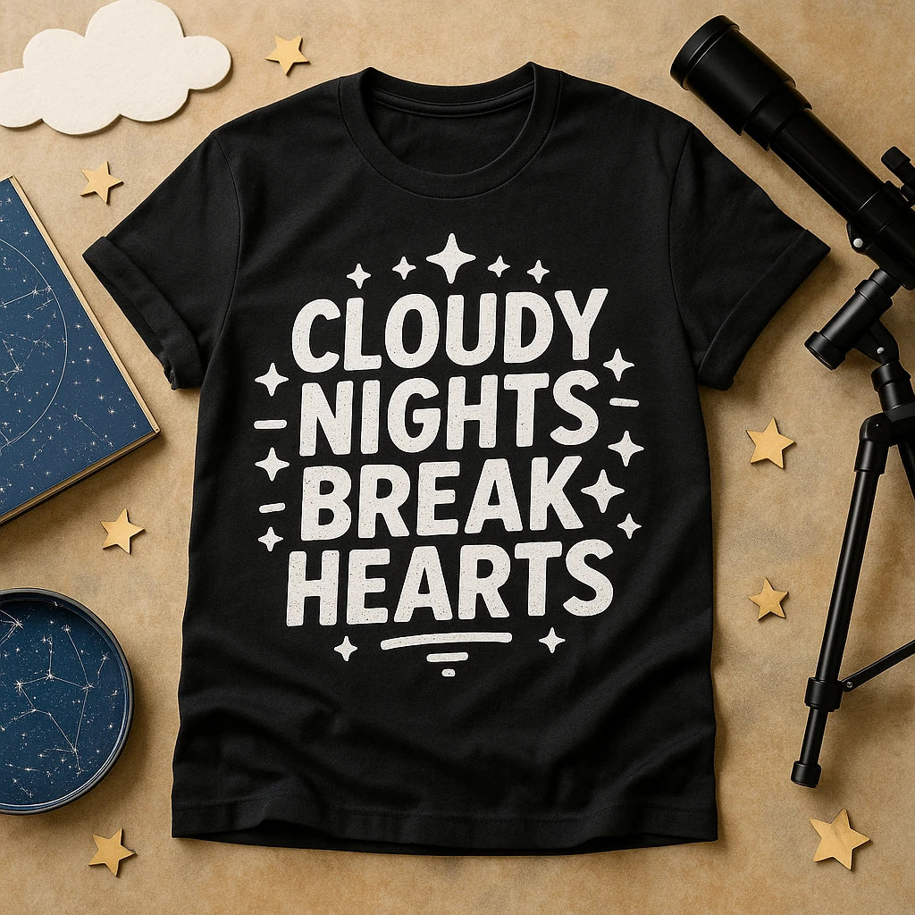 A black t-shirt lies on a tan surface. The shirt features bold white text and star graphics. Surrounding items include a small telescope, constellation books, star cutouts, and a fluffy cloud cutout, creating an astronomy-themed setting.