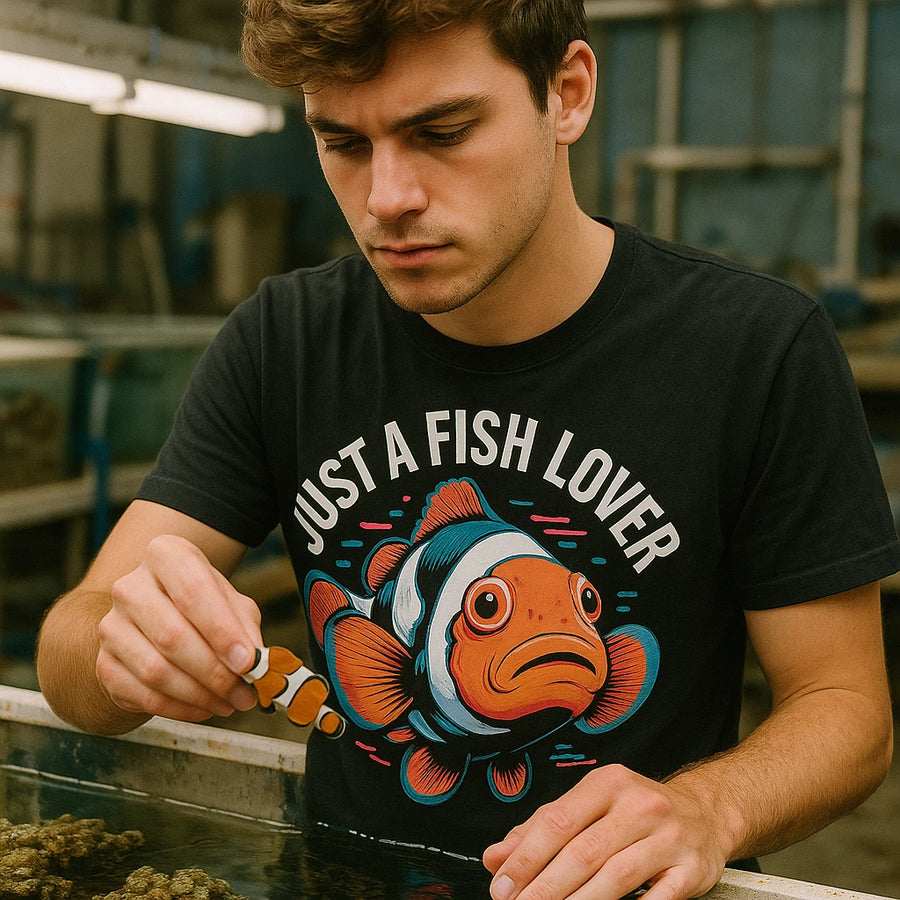 A person with short hair is wearing a black T-shirt featuring a colorful illustration of a fish, with the text "Just a Fish Lover." They are holding a small model of a clownfish over a water tank. The background shows a blurred indoor setting with tanks and shelves.
