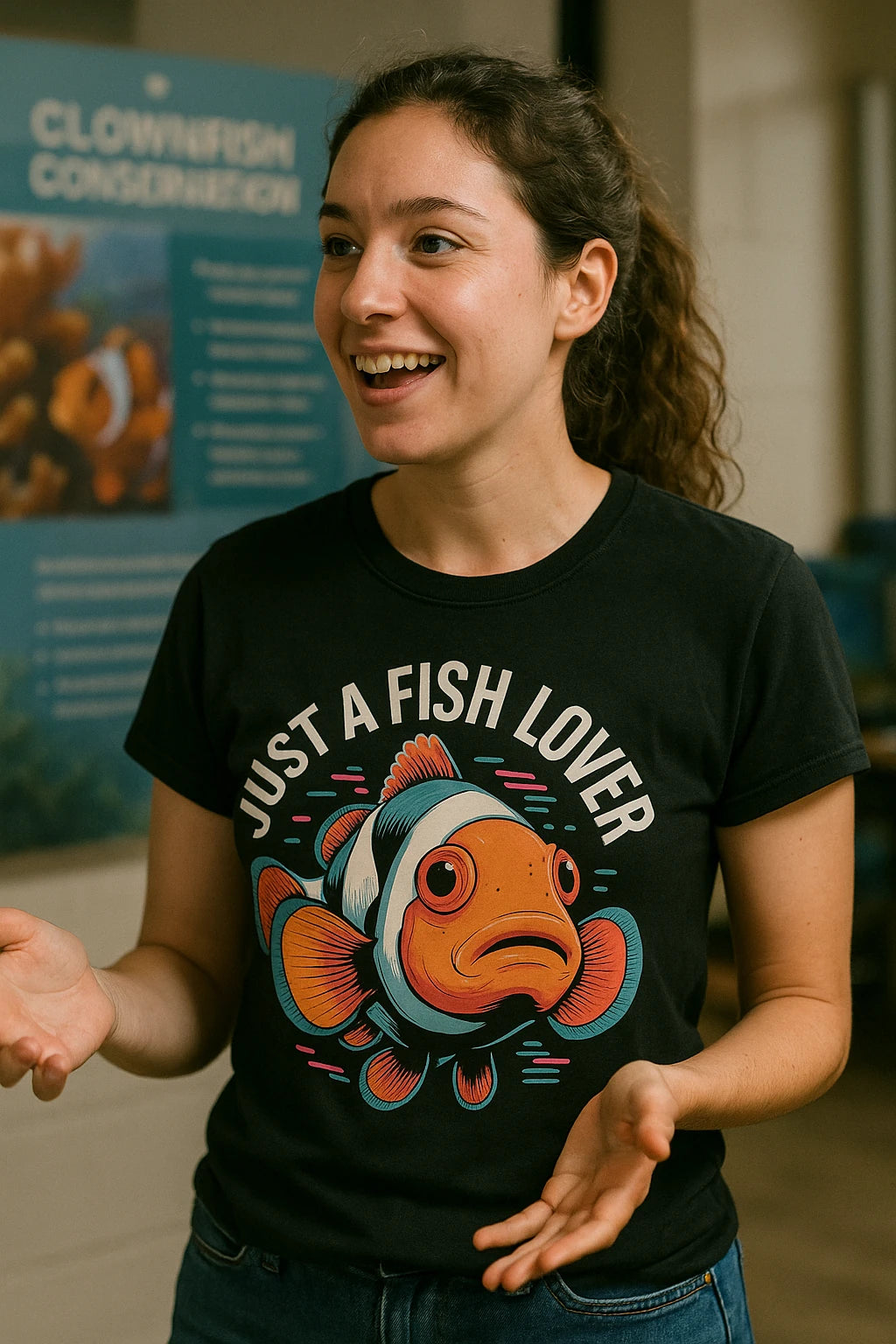 A person with long, curly hair, smiling and gesturing with their hands. They are wearing a black t-shirt featuring a colorful cartoon clownfish and the text "Just a Fish Lover." In the background, there's a blurry poster about clownfish conservation.