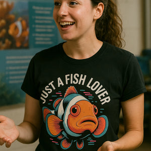 Back view of the "Just a Fish Lover" black clownfish head punk t shirt