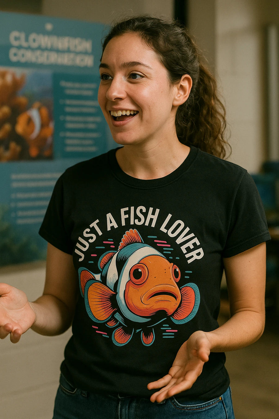A person with long, curly hair, smiling and gesturing with their hands. They are wearing a black t-shirt featuring a colorful cartoon clownfish and the text "Just a Fish Lover." In the background, there's a blurry poster about clownfish conservation.