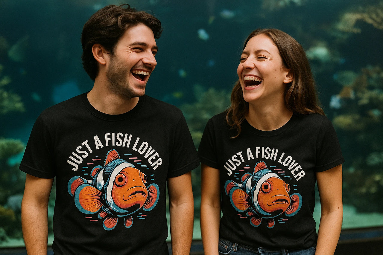 A man and a woman are laughing together, both wearing black t-shirts with a colorful clownfish illustration and the text "Just a Fish Lover." They appear to be standing in front of a large aquarium with various marine life visible in the background.