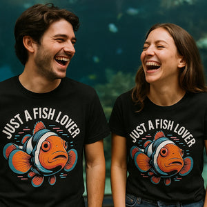 Person wearing the black clownfish head punk t shirt graphic tee - "Just a Fish Lover" design