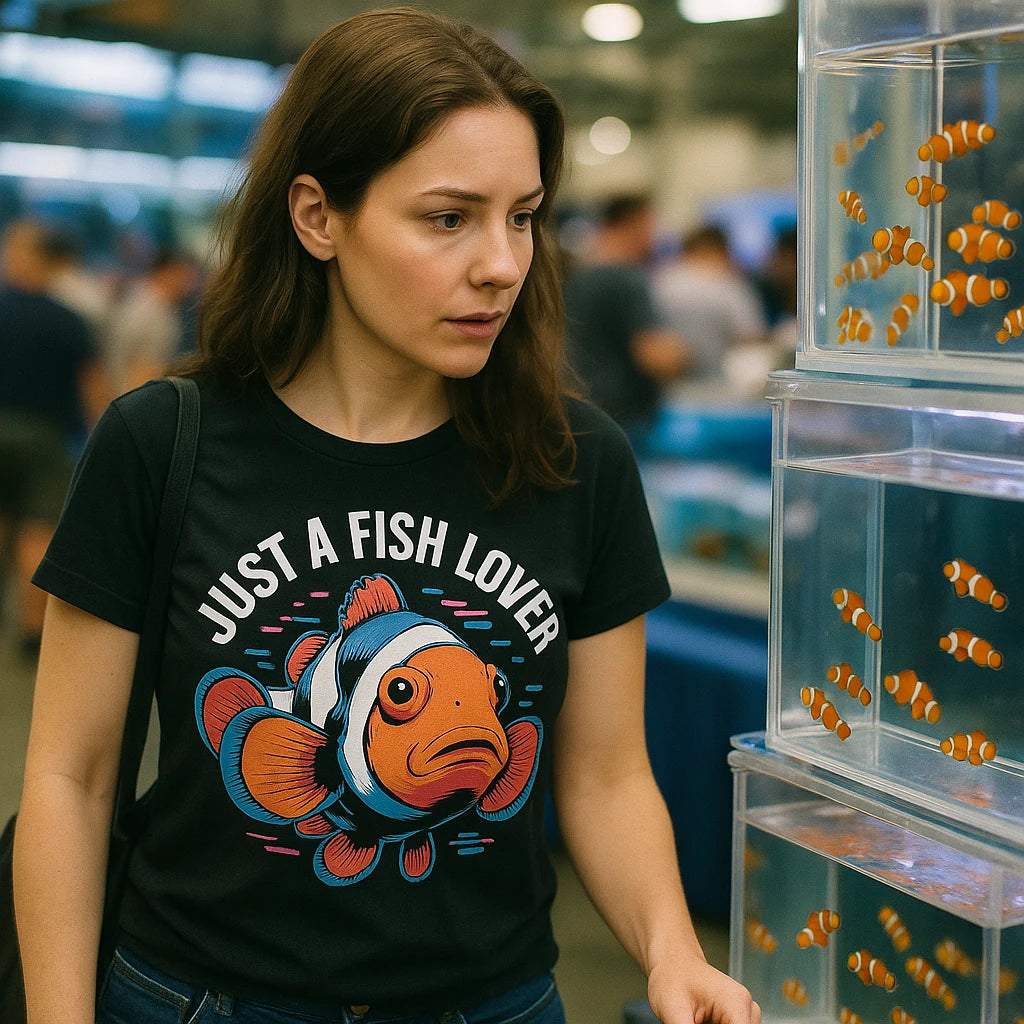 A person with long brown hair is wearing a black T-shirt with a colorful image of a fish and the text "Just a Fish Lover." They are standing next to a display of clownfish in a tank, looking towards the fish. The background is a blurred exhibition setting with people.