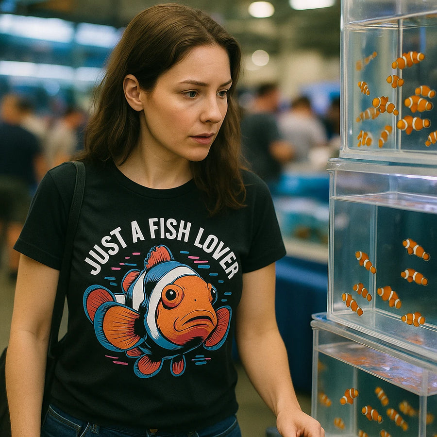 A person with long brown hair is wearing a black T-shirt with a colorful image of a fish and the text "Just a Fish Lover." They are standing next to a display of clownfish in a tank, looking towards the fish. The background is a blurred exhibition setting with people.