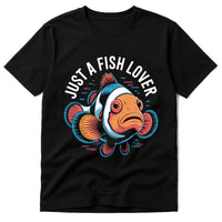 A black T-shirt featuring a colorful illustration of a fish, with the text 