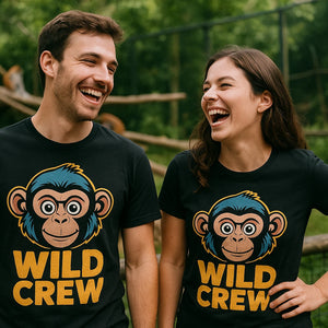 Person wearing the black not my monkey not my circus t shirt graphic tee - "Wild Crew" design