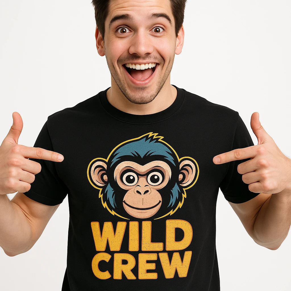 Close-up of the "Wild Crew" gold print on a premium Bella+Canvas black not my monkey not my circus t shirt