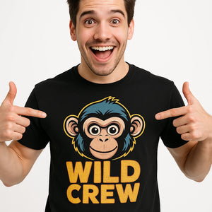 Close-up of the "Wild Crew" gold print on a premium Bella+Canvas black not my monkey not my circus t shirt