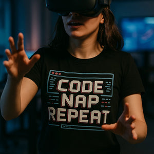 "Code Nap Repeat" black programming t shirt - also one of the best presents for programmers
