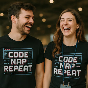 Person wearing the black programming t shirt graphic tee - "Code Nap Repeat" design