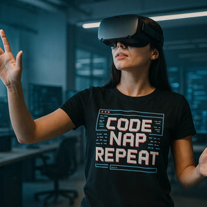 Lifestyle shot of the "Code Nap Repeat" black programming t shirt in a real-world setting