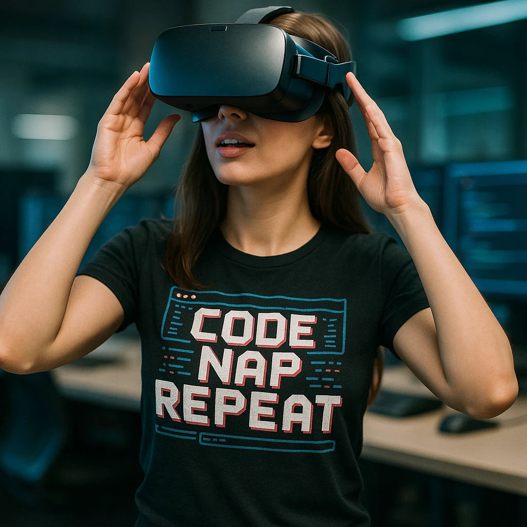 "Code Nap Repeat" black programming t shirt - also one of the cool programming gifts