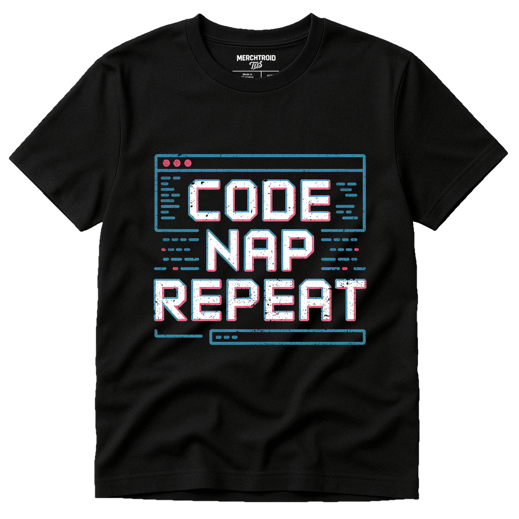 Black Programming T Shirt - "Code Nap Repeat" graphic tee with gray print, flat lay product photo