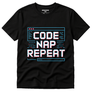 Black Programming T Shirt - "Code Nap Repeat" graphic tee with gray print, flat lay product photo