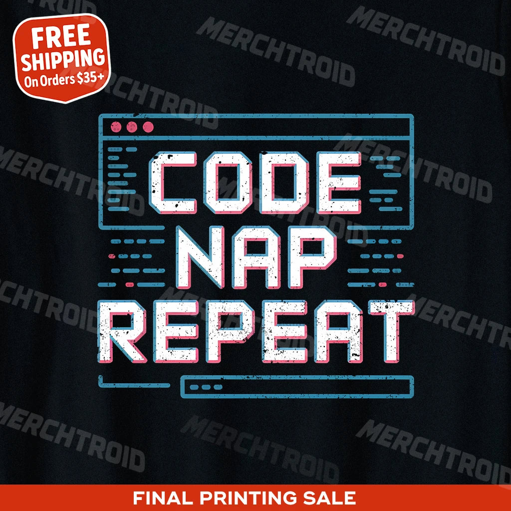 "Code Nap Repeat" black programming t shirt, photographed as gifts for computer programmers