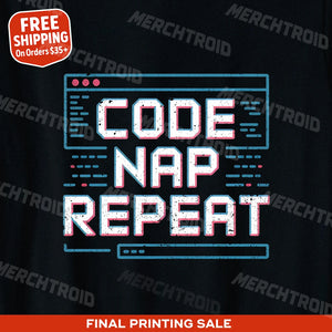 "Code Nap Repeat" black programming t shirt, photographed as gifts for computer programmers