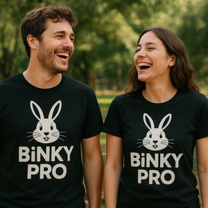 Person wearing the black rabbit shirts graphic tee - "Binky Pro" design