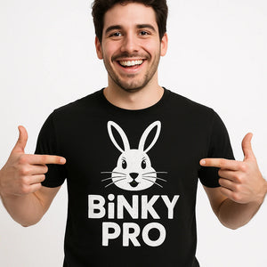 Close-up of the "Binky Pro" white print on a premium Bella+Canvas black rabbit shirts