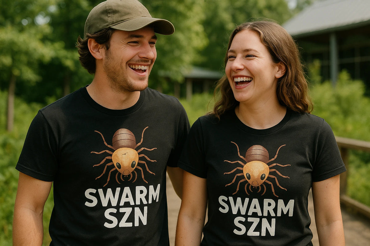 Person wearing the black termite shirts graphic tee - "Swarm Szn" design