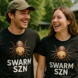 Person wearing the black termite shirts graphic tee - "Swarm Szn" design