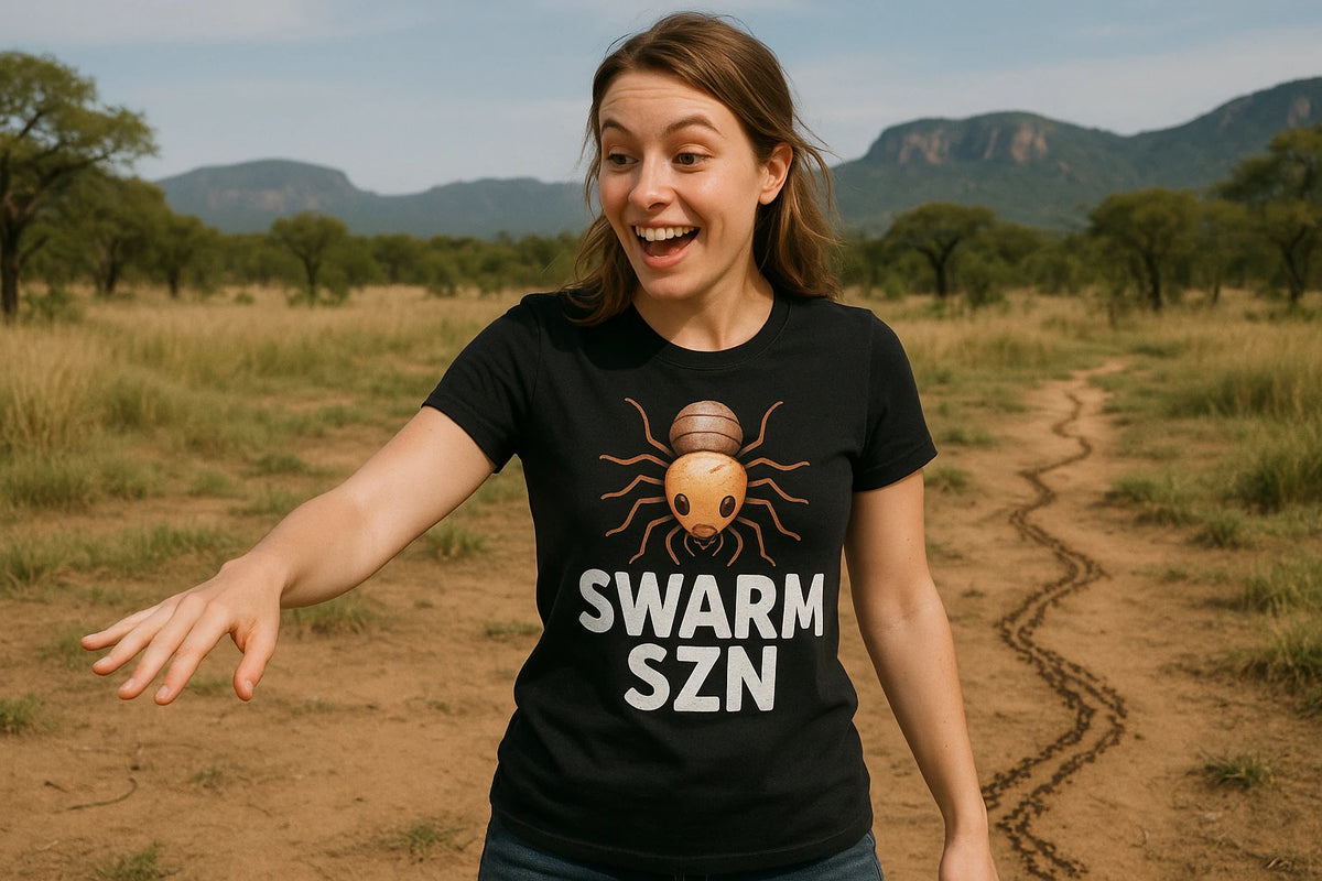 Lifestyle shot of the "Swarm Szn" black termite shirts in a real-world setting