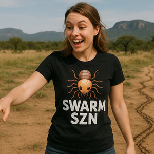 Lifestyle shot of the "Swarm Szn" black termite shirts in a real-world setting