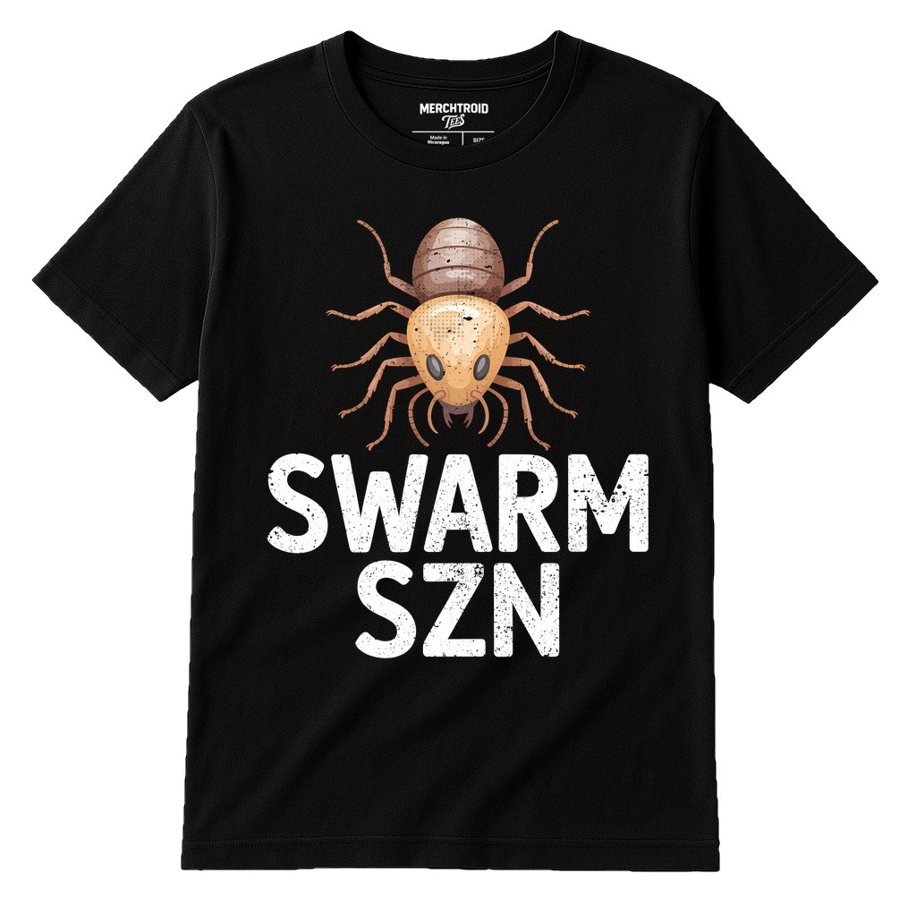 Black Termite Shirts - "Swarm Szn" graphic tee with white print, flat lay product photo
