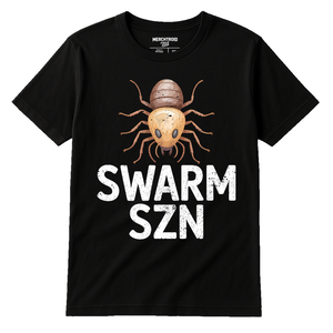 Black Termite Shirts - "Swarm Szn" graphic tee with white print, flat lay product photo