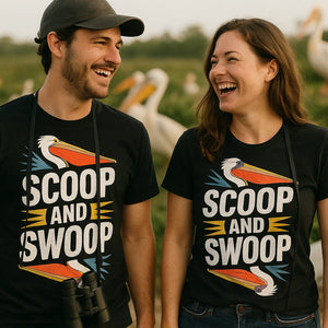 Person wearing the black pelican shirts graphic tee - "Scoop and Swoop" design