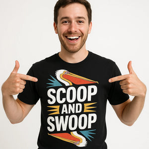 Close-up of the "Scoop and Swoop" white print on a premium Bella+Canvas black pelican shirts