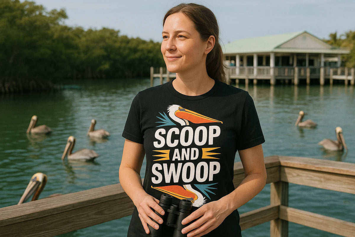Lifestyle shot of the "Scoop and Swoop" black pelican shirts in a real-world setting