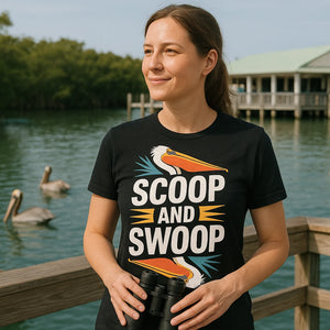 Lifestyle shot of the "Scoop and Swoop" black pelican shirts in a real-world setting