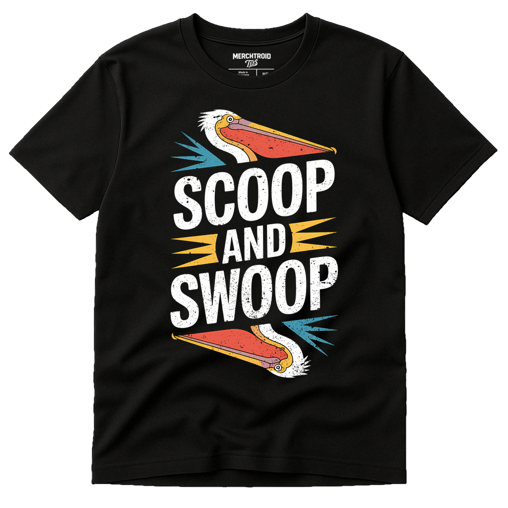 Black Pelican Shirts - "Scoop and Swoop" graphic tee with white print, flat lay product photo