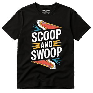 Black Pelican Shirts - "Scoop and Swoop" graphic tee with white print, flat lay product photo