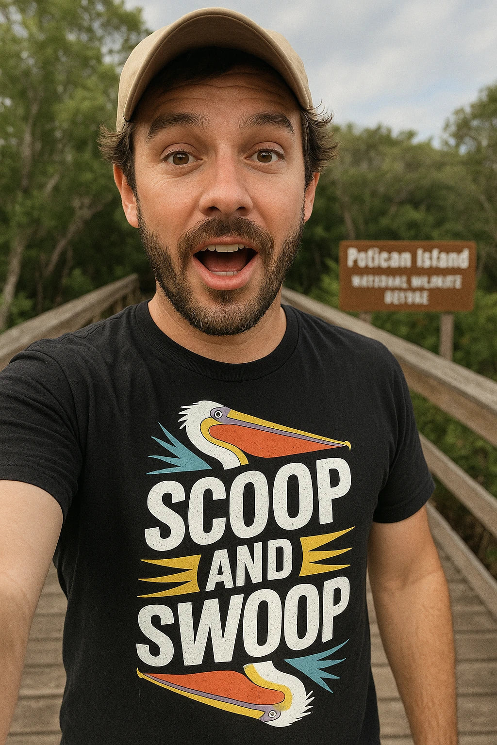 "Scoop and Swoop" black pelican shirts, photographed as pelican lover gift