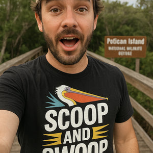"Scoop and Swoop" black pelican shirts, photographed as pelican lover gift