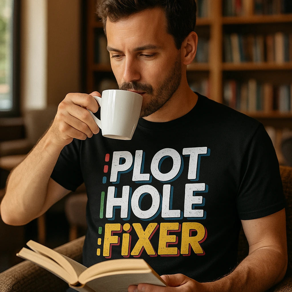 "Plot Hole Fixer" black reading rainbow tshirt - also one of the gifts for people who like to read